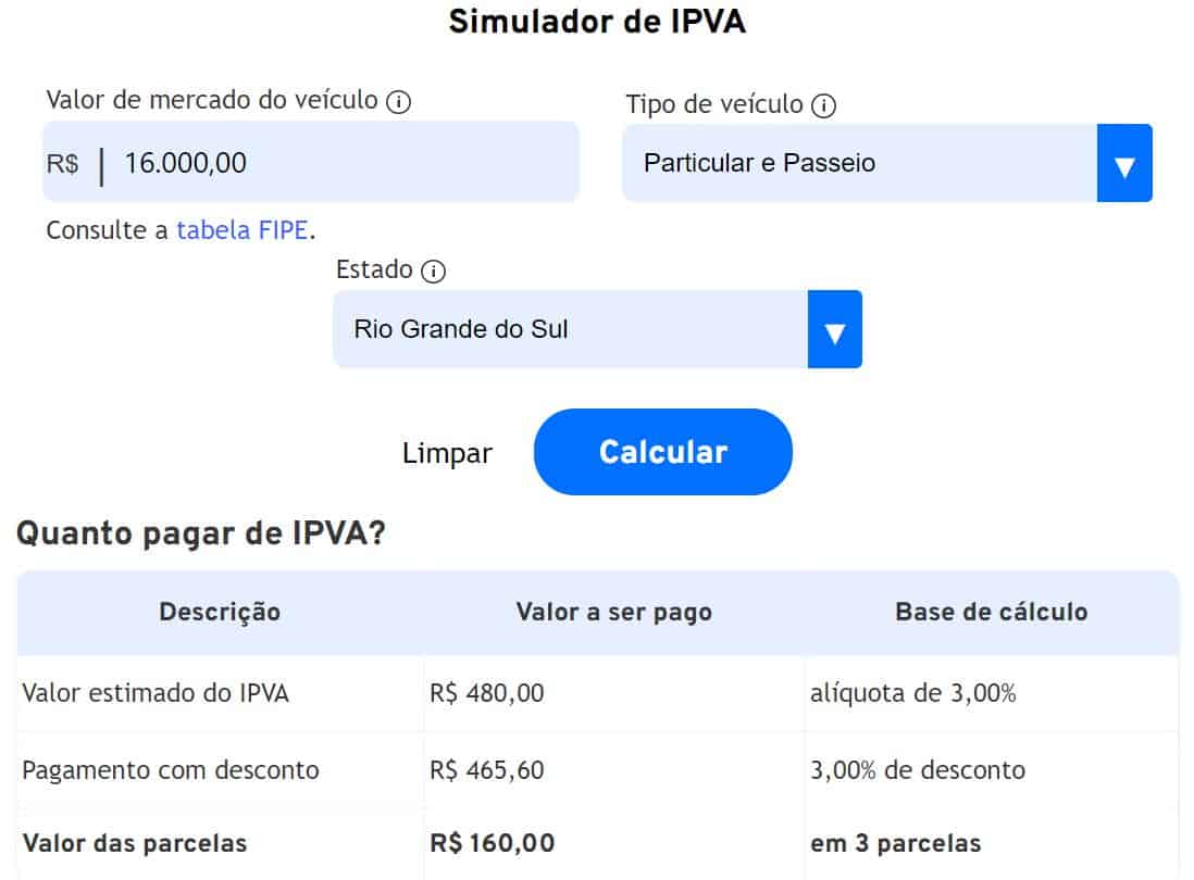 Simulador de IPVA iDinheiro (2022)